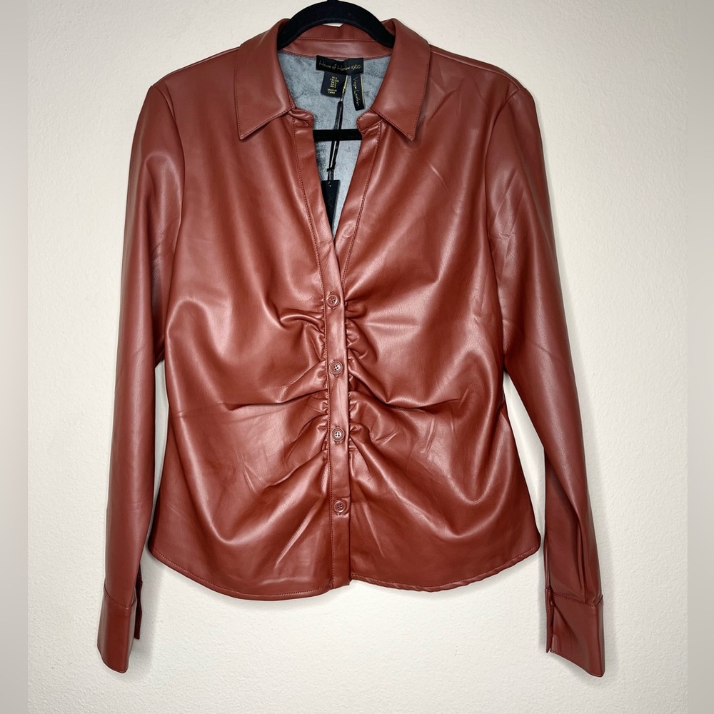 House of Harlow 1960 Women’s Large Cinnamon Vegan Leather Shirt button down NWT